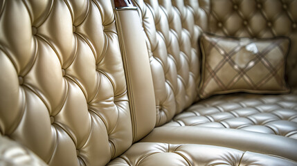 A detailed view of a tufted leather luxury car-couch showcasing the intricate stitching and plush texture of the upholstery.