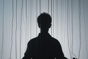 A man standing in front of a curtain, his figure casting a dark shadow against the backdrop, A human silhouette with opioids controlling the puppet strings, AI Generated - obrazy, fototapety, plakaty