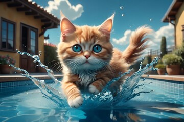 Happy cat swims in the pool near the house.