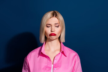 Photo of upset offended woman with bob hairstyle red pouted lips dressed pink shirt close eyes...