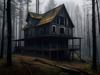 Abandoned dark house in the forest. Generative AI