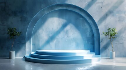 Modern Blue Podium scene background mockup, empty scene stages, for product presentation, realistic 3d render, ai generated  