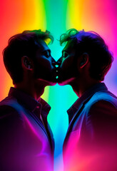 Two men interracial kissing silhouette neon rainbow background pride gay poster copyspace