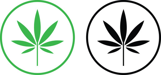 Cannabis leaf icon set. hemp marijuana leaf vector symbol in black and green color. CBD weed leaf sign herbal nature organic Isolated Collection flat and line symbol for web site Computer and mobile.
