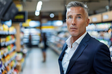 Portrait of mature businessman standing in aisle of supermarket and looking at camera
