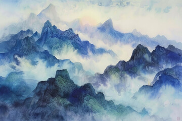 The mountains are covered in a thick layer of fog, creating a serene
