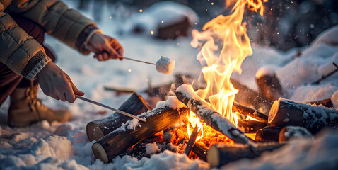 A close-up of a person's hands roasting marshmallows over an open fire in the snow, capturing the cozy and festive spirit of winter campfires