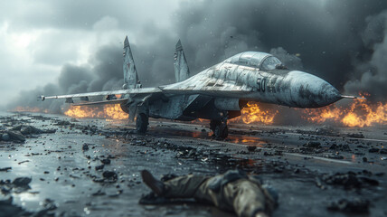 Unexpected scene: Downed SU-35 fighter, sleeping soldiers.generative ai