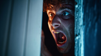 A close-up of a man peeking around a corner with a shocked expression illuminated by blue light.