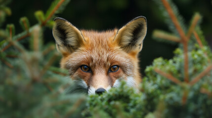 A red fox peeking through green leaves, its gaze direct and alert.