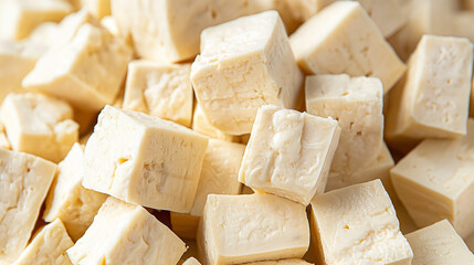 A neatly arranged pile of fresh, white cheese cubes is presented, showcasing a simple yet essential culinary ingredient.