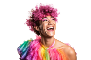Portrait shot of Young joyful Gay man with colorful lgbt dress isolated on transparent background, Gay transgender smile and posing with trendy lifestyle.