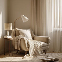 A beige armchair with blanket and cushions in home setting. Interior decor. Cozy reading nook...