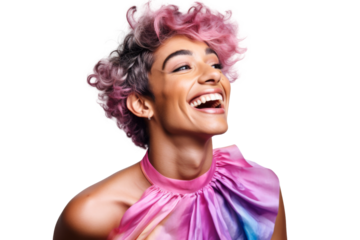 Portrait shot of Young joyful Gay man with colorful lgbt dress isolated on transparent background, Gay transgender smile and posing with trendy lifestyle.