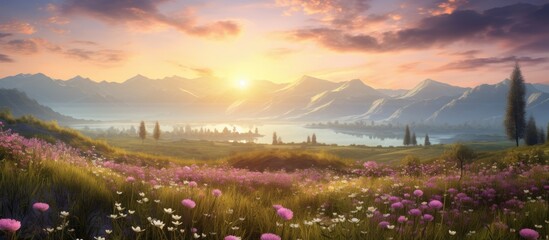 The sun is setting, casting a warm glow over a grassy plain dotted with colorful flowers, framed by...