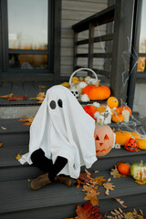 Fototapeta premium ghost kid for halloween in autumn decoration witg pumpkin