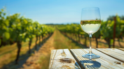 A glass of white wine is on a wooden table in a vineyard