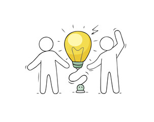 Idea concept with light bulb and people doodle illustration. Vector hand drawn objects about creative solution with lightbulb.