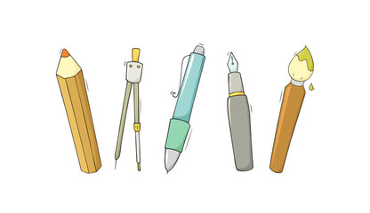 Icons of stationery for office and study in school. Pencil, pen, paints, brush and compass. Cartoon symbols of education supplies, vector hand drawn illustration
