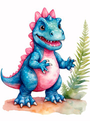 Nursery print with cute tyrannosaurus dinosaur is  on a white background in an isolated watercolor style.