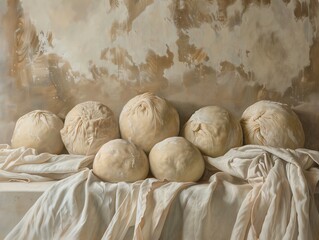 Bolas de massa de pão a fermentar numa padaria tradicional e artesanal - obrazy, fototapety, plakaty