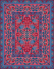 Oriental blue and pink carpet. Floral pattern with frame. Template for textile, tapestry, rug. - 769976274