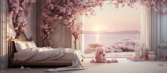 A bedroom in a house with a bed, a window framing cherry blossom trees, and a magenta picture frame with an art of natural landscape on the wall