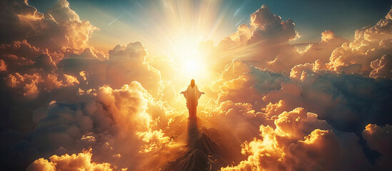 Jesus Christ in blue sky with clouds, bright light from heaven.   AI Generative - obrazy, fototapety, plakaty