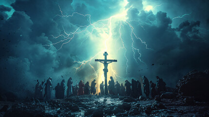 Lightning strikes the cross on which Jesus Christ was crucified. A dramatic depiction of a biblical story. AI Generative - obrazy, fototapety, plakaty