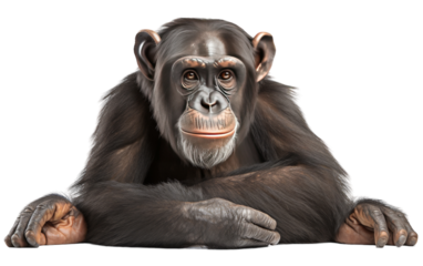 A playful chimpanzee happily dancing against a white backdrop, exuding joy and energy