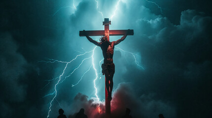 Lightning strikes the cross on which Jesus Christ was crucified. A dramatic depiction of a biblical story. AI Generative