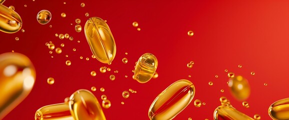 Golden Serum Drops and Capsules on Red Background