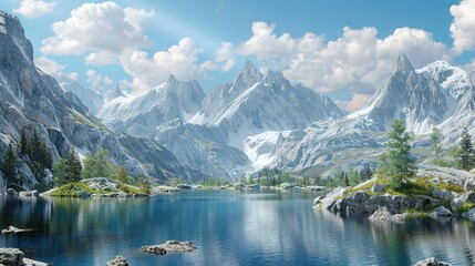 Obraz premium A remote mountain lake surrounded by rocky cliffs, captured in vivid 4K HDR for maximum detail.