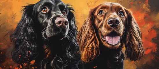 Two Cocker Spaniel dogs, a companion dog breed known for their livercolored fur, are depicted sitting next to each other in a painting within the Sporting Group art genre - Powered by Adobe
