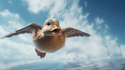 an ultra hyper realistic, minimalist, low angle view of duck falling from sky like being shot.