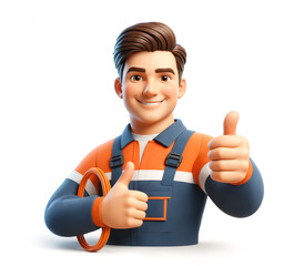 Smiling electrician showing thumbs up, 3d style character isolated on white - 769977224
