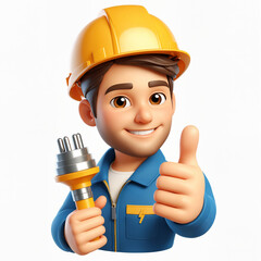 Smiling electrician showing thumbs up, 3d style character isolated on white - 769977236
