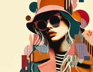 Fashion girl abstract portrait, retro style trendy paper collage with texture variations, mixed art - 769977247