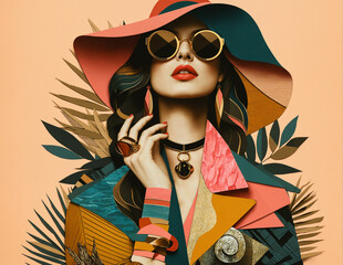 Fashion girl abstract portrait, retro style trendy paper collage with texture variations, mixed art - 769977252