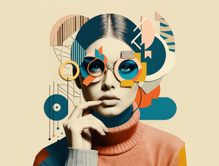 Fashion girl abstract portrait, retro style trendy paper collage with texture variations, mixed art - 769977275
