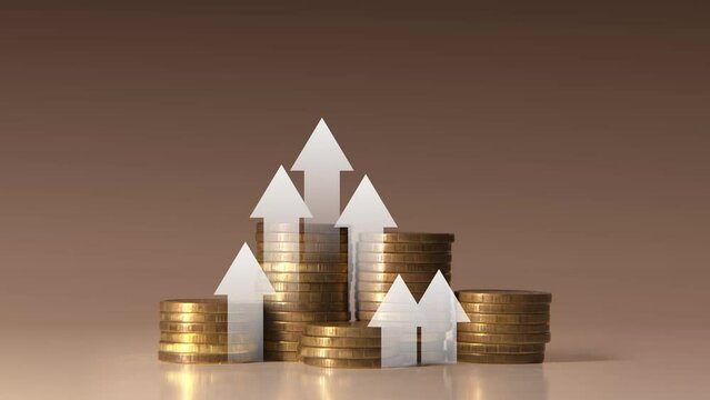 White arrows move upward against a background of growing columns of coins. Making money. Cg
