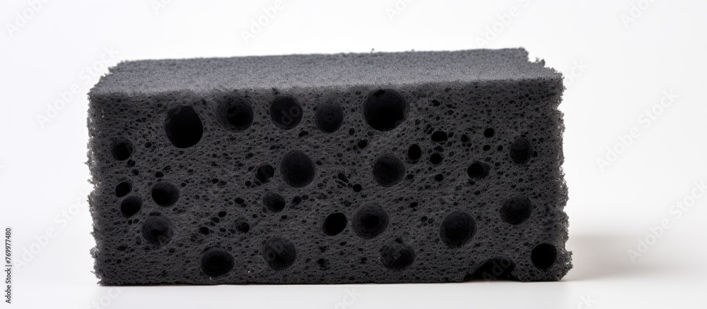 Aufkleber a black rectangle sponge made of composite material with holes in a brick pattern is resting on a wh