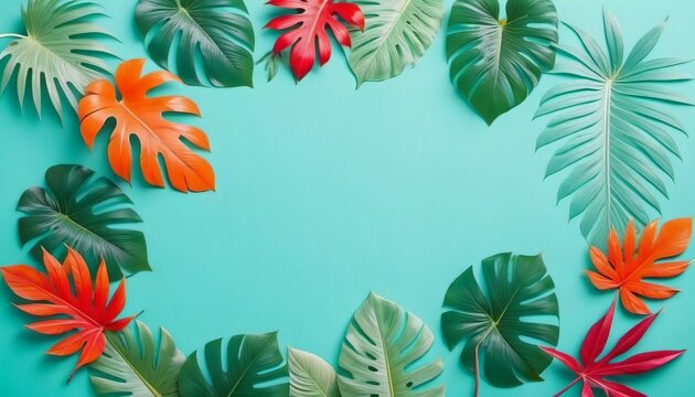 Summer time, frame background, template, tropical leaves on pastel background, copy space, top view.