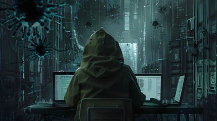 Hackerangriff per Computer, Hacker am Computer, Cybersicherheit, IT Service, Person mit Kapuze am Laptop, Dunkle Gestalt am PC Computer Laptop, Computer Virus, Antivirus - obrazy, fototapety, plakaty