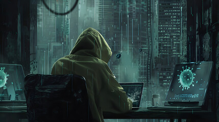 Hackerangriff per Computer, Hacker am Computer, Cybersicherheit, IT Service, Person mit Kapuze am Laptop, Dunkle Gestalt am PC Computer Laptop, Computer Virus, Antivirus - obrazy, fototapety, plakaty