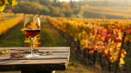 A glass of red wine is on a wooden table in a vineyard