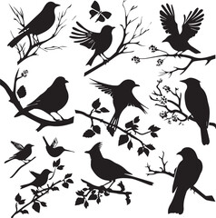 Set of Birds Black Silhouette on white background