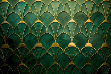 Gold ornaments on an emerald green background, Art Deco pattern, luxury aesthetics