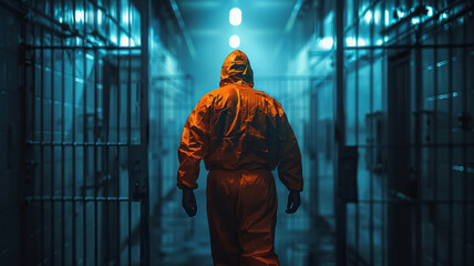 a prisoner in a US federal prison mysteriously entering a cell at night wearing an orange prisoner uniform,generative ai - obrazy, fototapety, plakaty