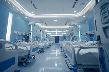 Hospital room with beds and medical equipment in hospital. - obrazy, fototapety, plakaty